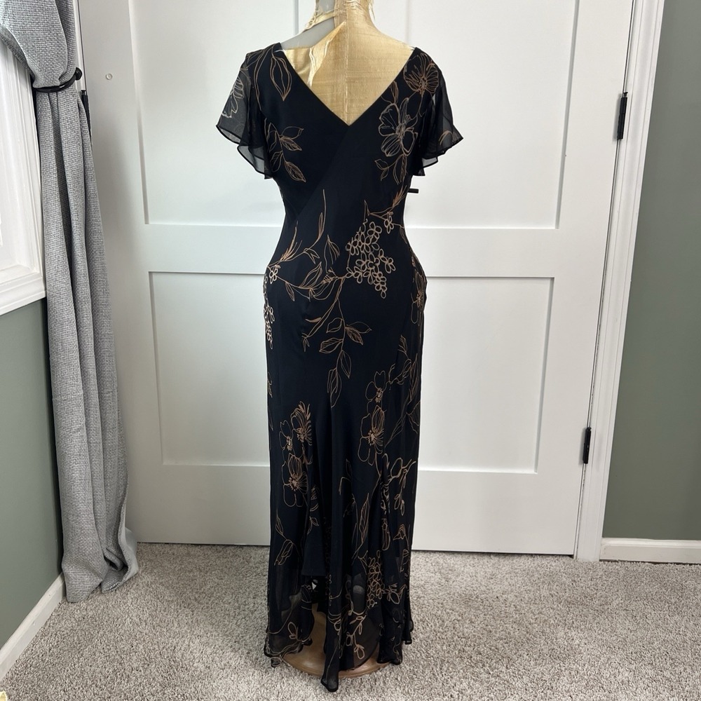 Y2K Black Floral 100% Silk Dress 4 Bias Cut Whimsigoth Fairy Maxi Wedding Guest - Picture 6 of 13